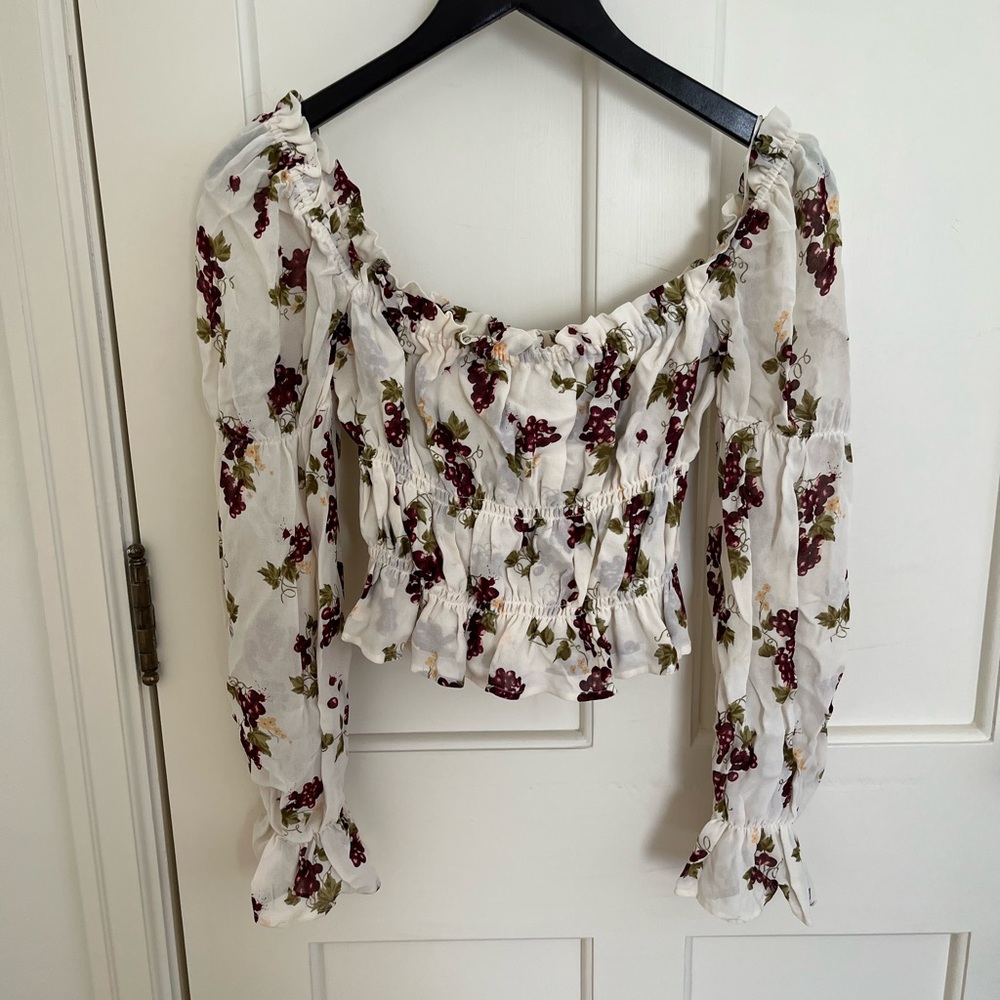 Reformation White and Red Long Sleeve Ruffled Blouse